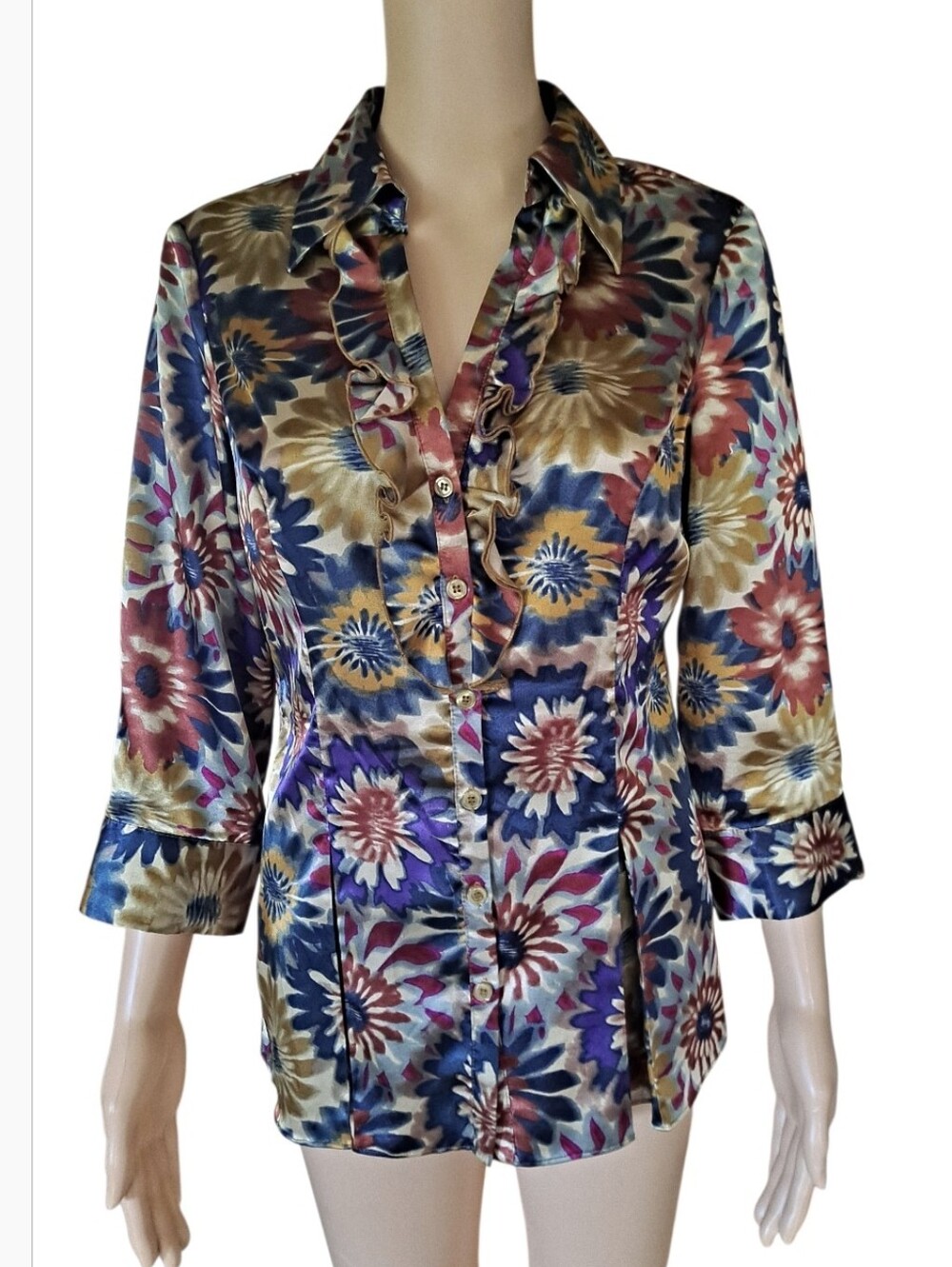 Spense Floral Satin Ruffle-Front Blouse — Multicolor